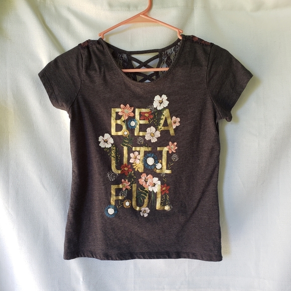 Roebuck And Co Shirt Girls Size 10 Gray Front Graphic Spell Out Floral Lace Back - Picture 1 of 6